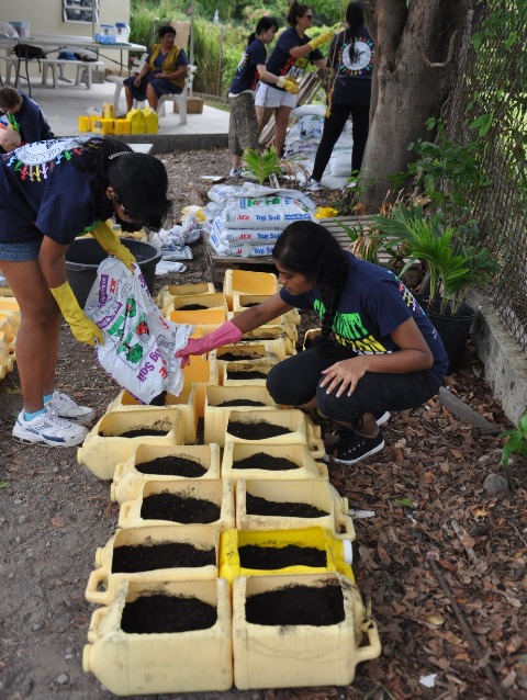 AUC students planting in the recycled plastic bottles
