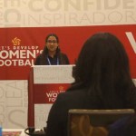 Danaë Daal giving a presentation on the development of female soccer on St. Maarten 