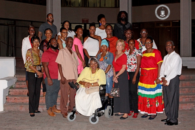 Caption: Writers published in the new book Where I See the Sun – Contemporary Poetry in the Virgin Islands, pose with VI Chief Education Officer Connie George (2nd R, front row), and editor of the anthology Lasana M. Sekou (R, front row), Central Administration Complex, Tortola (11.18.16). (GIS photo)